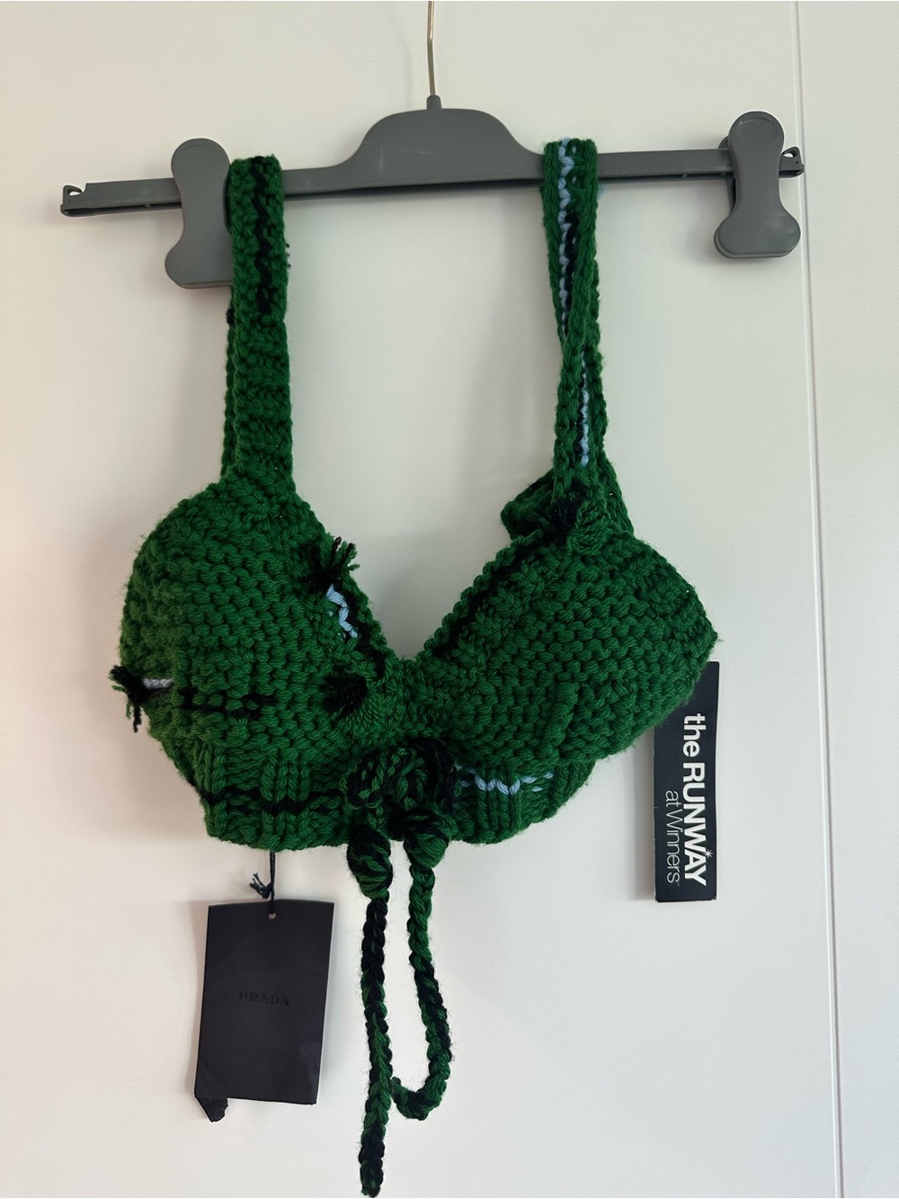 Prada Dark Green Hand-Knit Bra Top with Braided Tie